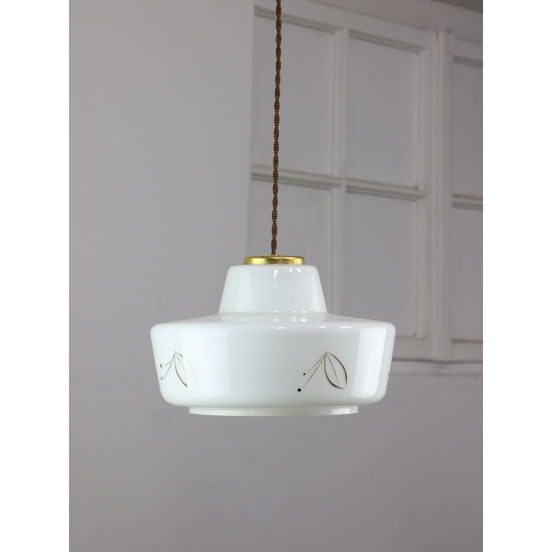 Vintage pendant lamp in brass and white glass, 1960