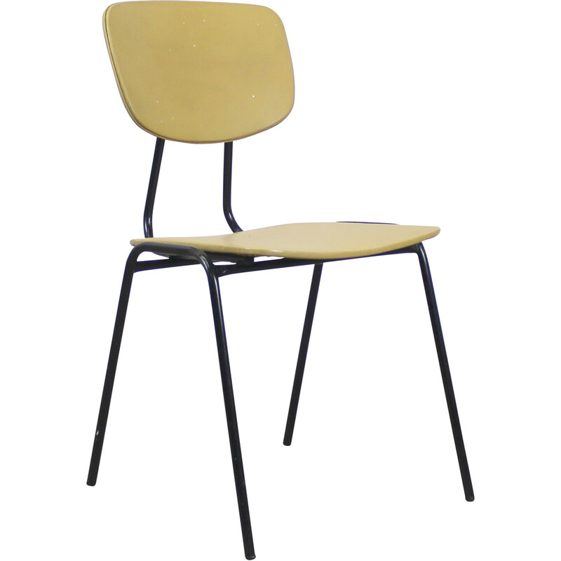Vintage "CM" model chair in wood and yellow skai by Pierre Guariche for Meurop, 1965