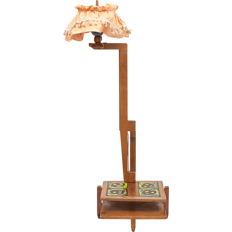 Vintage "Ludovic" floor lamp in oak and ceramic by Guillerme and Chambron, 1970