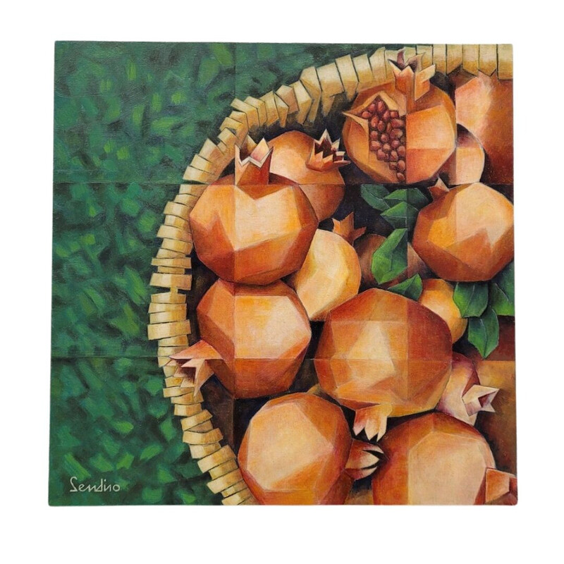 Pintura vintage "Granadas sobre mesa" e "Fresas sobre mesa" de Julio Sendino, Espanha 2018