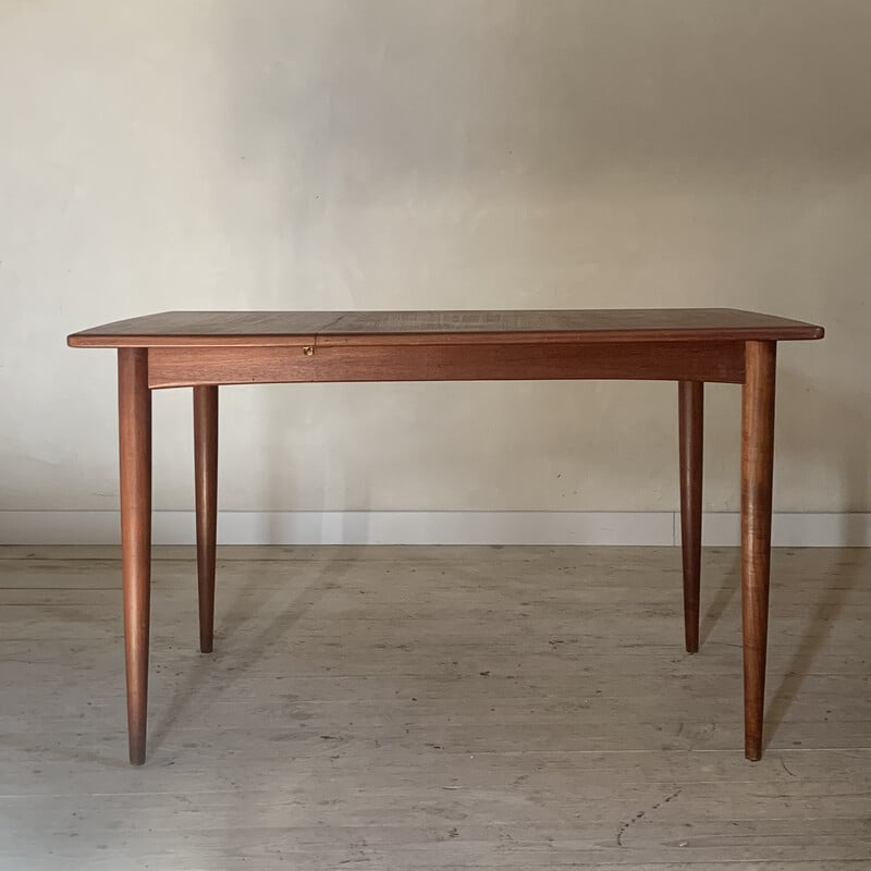 Vintage rectangular convex teak dining table with 2 extensions, Denmark 1960