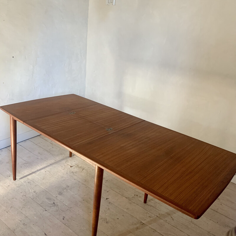 Vintage rectangular convex teak dining table with 2 extensions, Denmark 1960