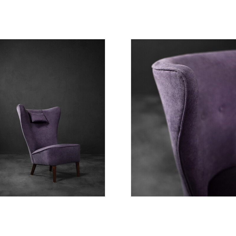 Vintage wingback chair in oak and purple fabric, Denmark 1950