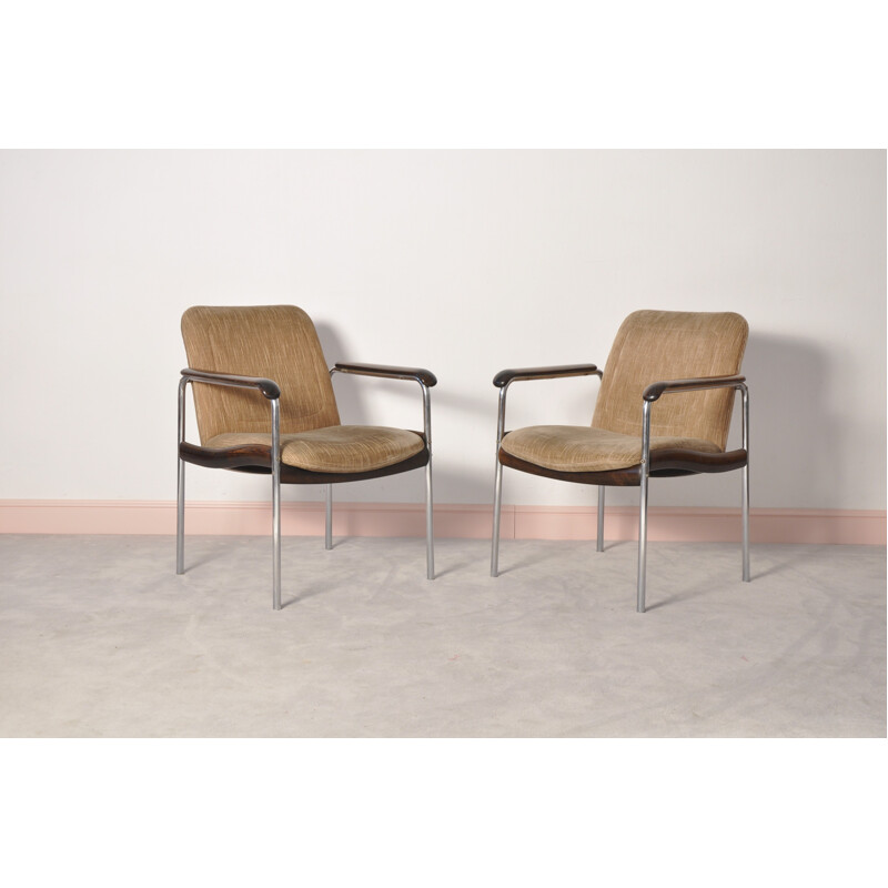 Set of 2 brown easy chairs in metal and walnut - 1970s