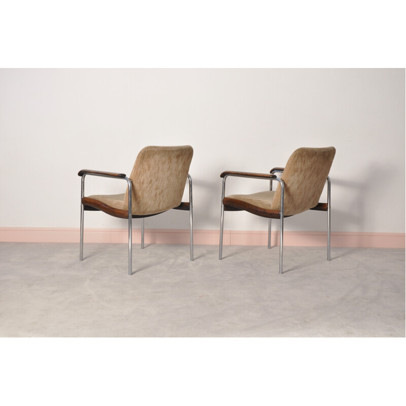 Set of 2 brown easy chairs in metal and walnut - 1970s