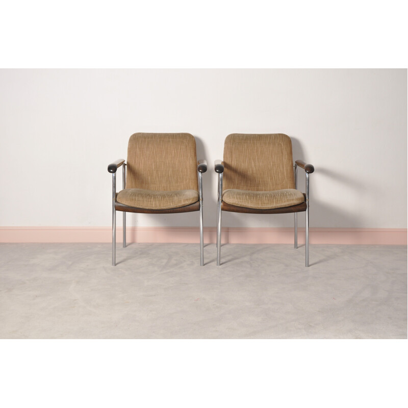 Set of 2 brown easy chairs in metal and walnut - 1970s