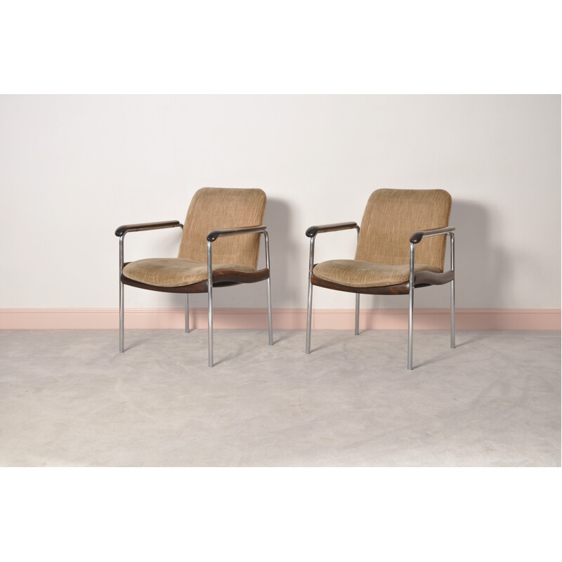 Set of 2 brown easy chairs in metal and walnut - 1970s