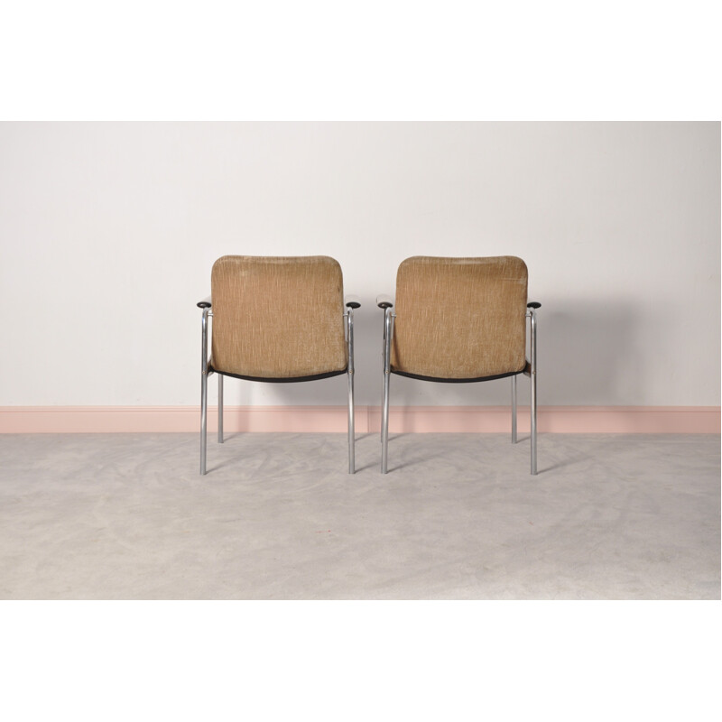 Set of 2 brown easy chairs in metal and walnut - 1970s