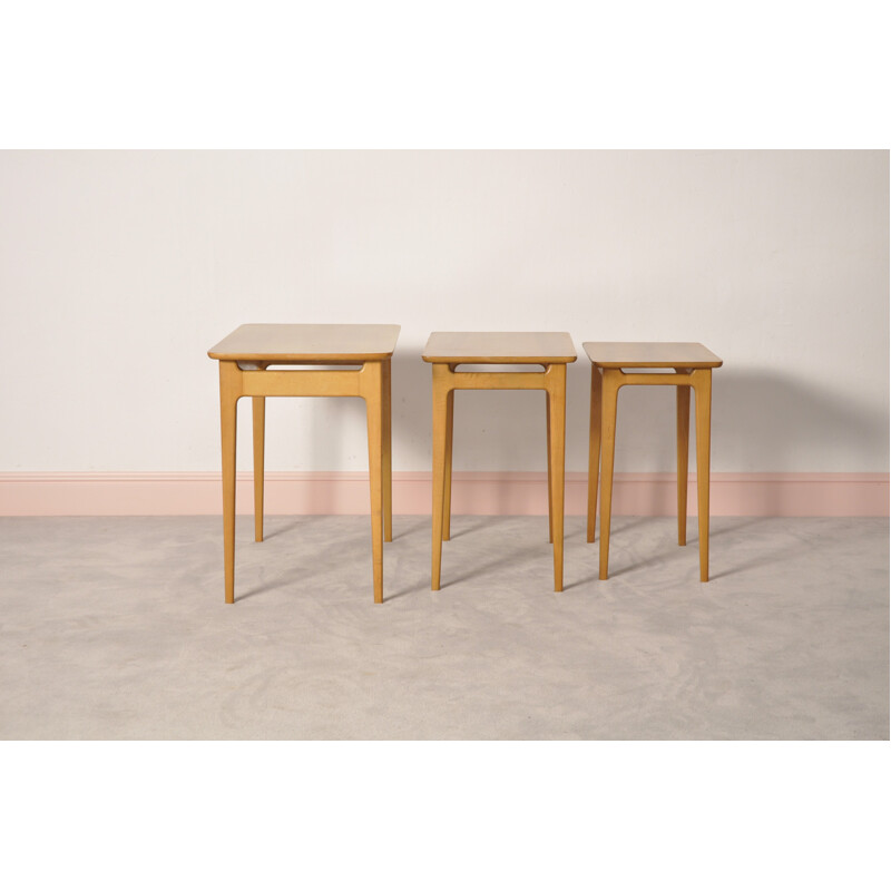 Set of 3 Scandinavian nesting tables in light wood - 1960s