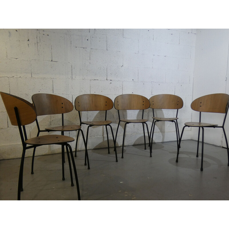 Set of 6 vintage chairs in bent wood and lacquered metal for Fritzons, 1980
