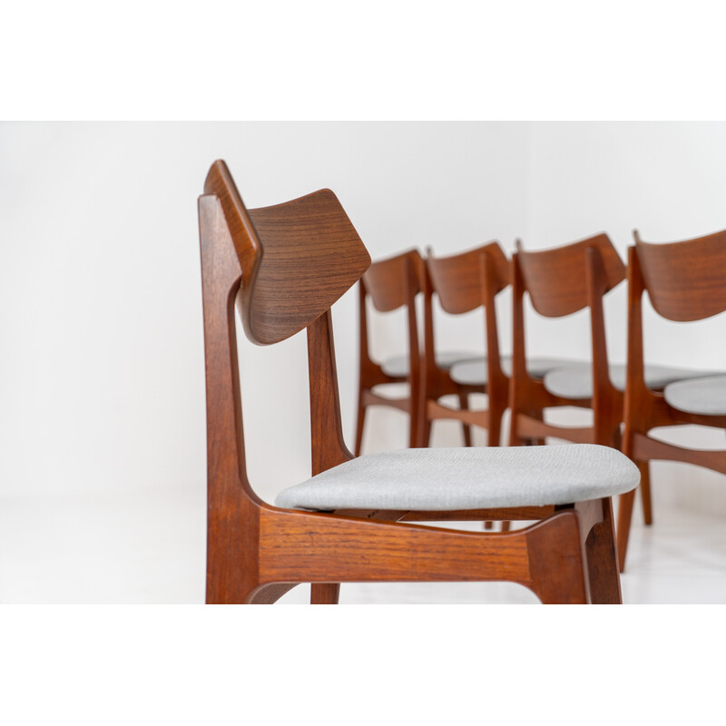 Set of 6 vintage teak and gray fabric dining chairs by Erik Buch for Funder-Schmidt and Madsen, Denmark 1950