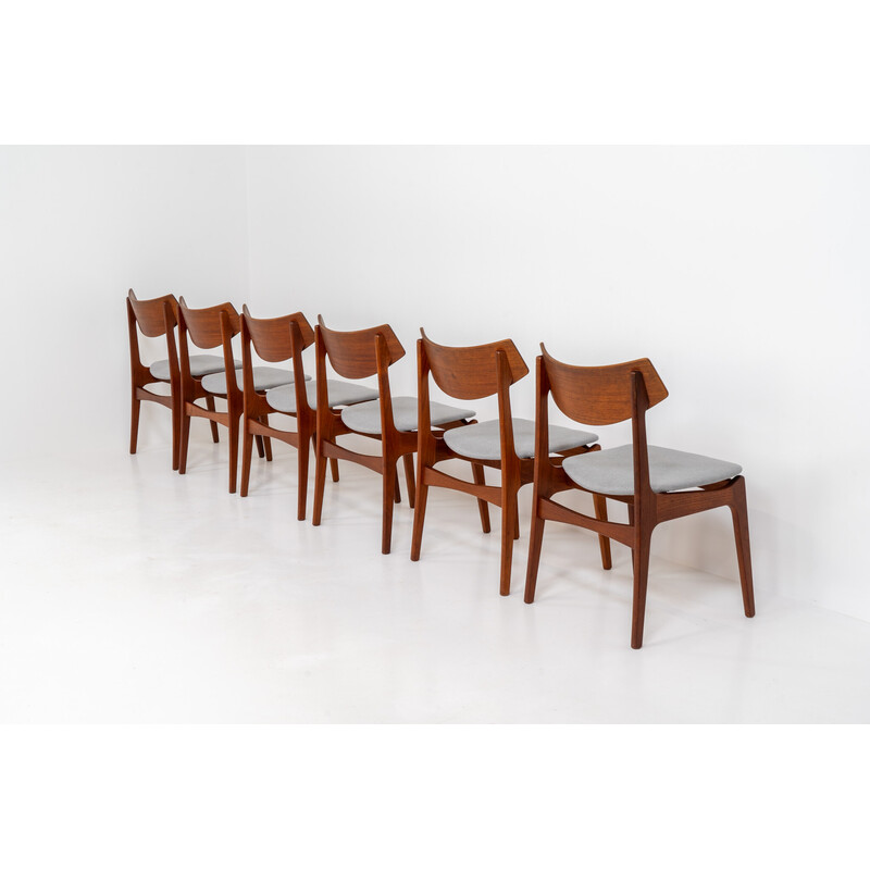 Conjunto de 6 cadeiras de jantar vintage em teca e tecido cinzento de Erik Buch para Funder-Schmidt e Madsen, Dinamarca 1950