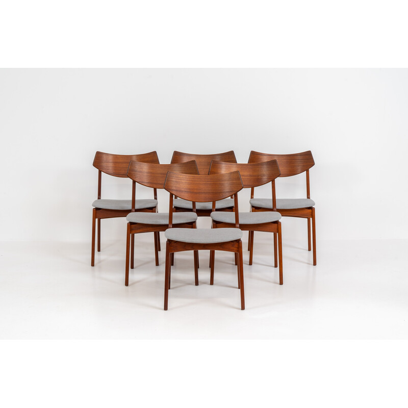 Set of 6 vintage teak and gray fabric dining chairs by Erik Buch for Funder-Schmidt and Madsen, Denmark 1950