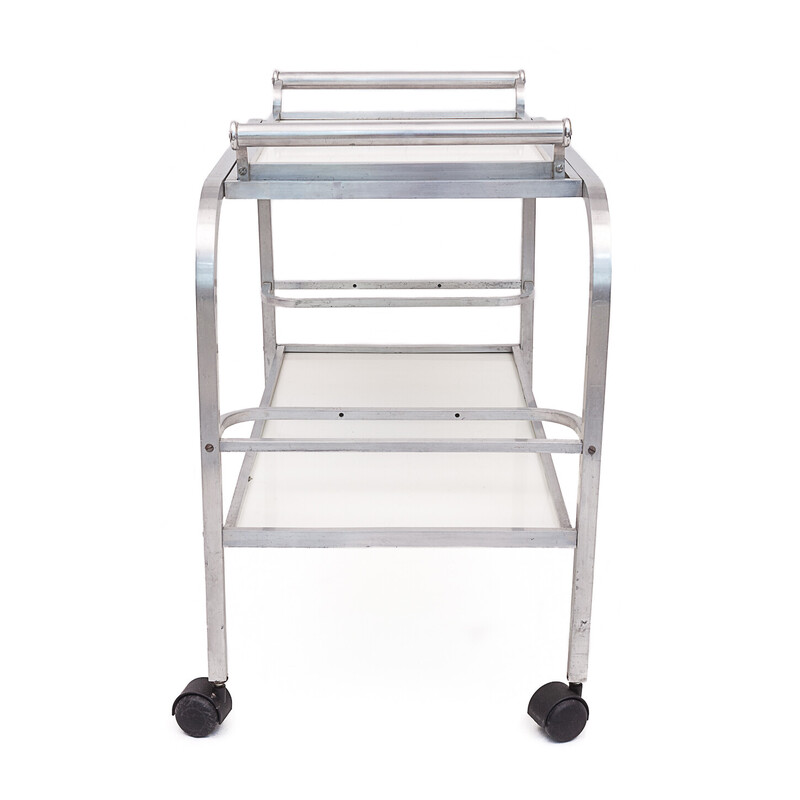 Vintage aluminum and glass trolley on wheels, 1930