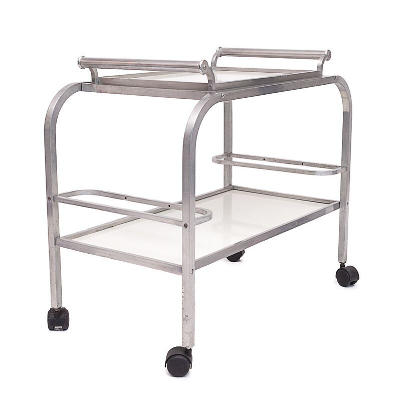 Vintage aluminum and glass trolley on wheels, 1930