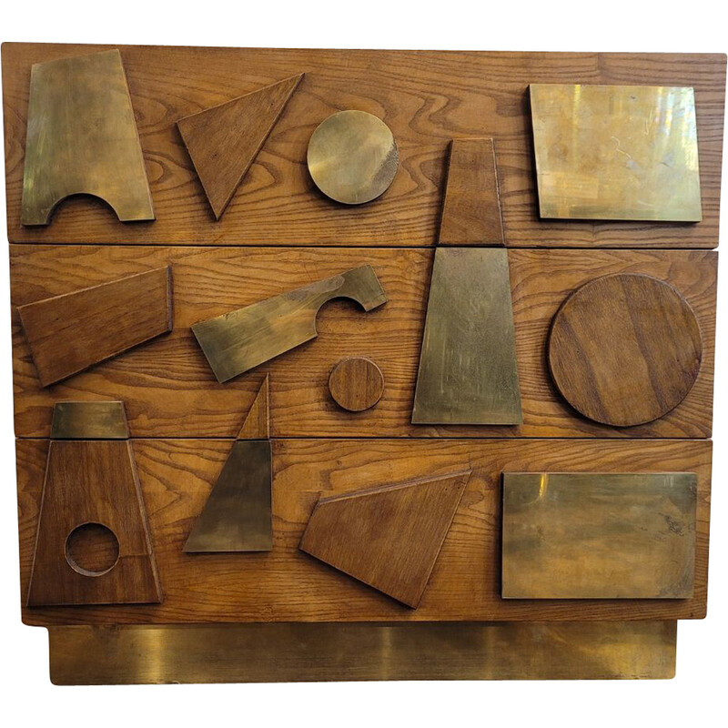Vintage chest of drawers in oak wood and brass by Gio Ponti, Italy 1970