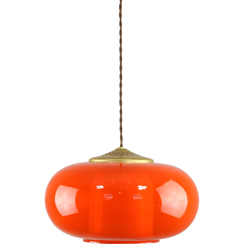 Vintage pendant lamp in brass and orange glass, Italy 1960