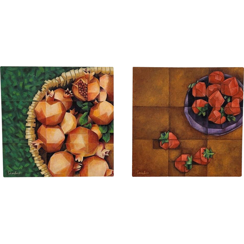 Pintura vintage "Granadas sobre mesa" e "Fresas sobre mesa" de Julio Sendino, Espanha 2018