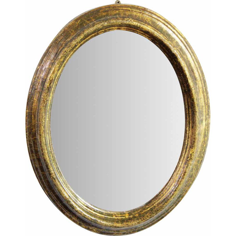 Vintage oval mirror in gilded resin frame with gold leaf, 1970
