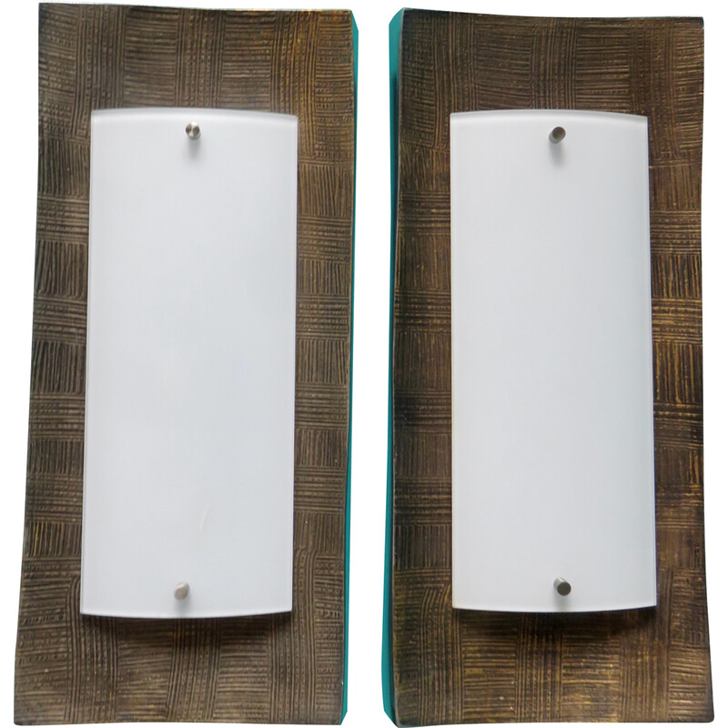 Pair of vintage rectangular opaline glass wall lamp for Fisher Leuchten, Germany 1980