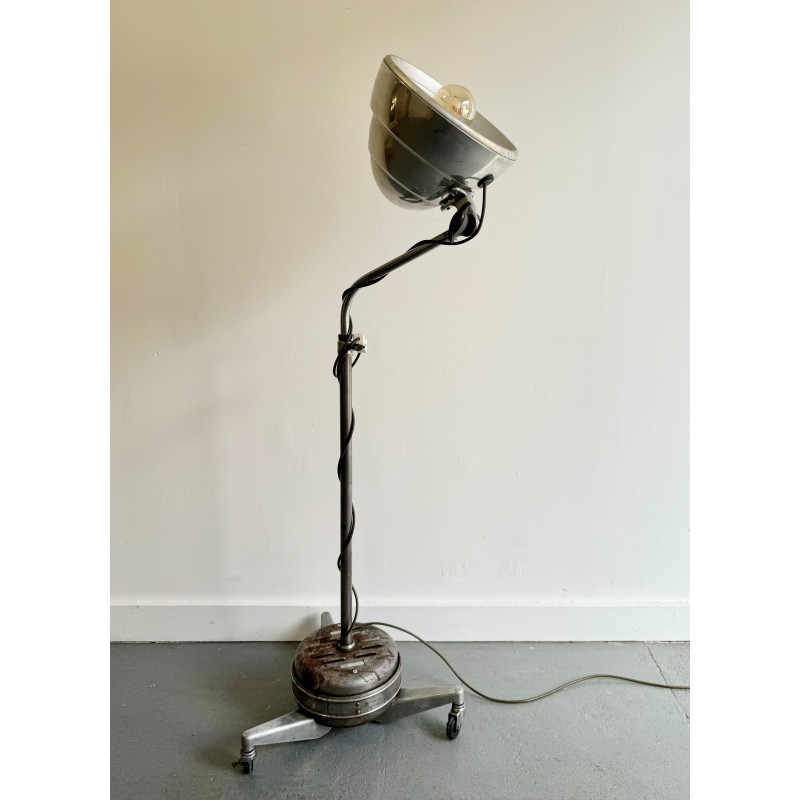 Vintage extendable medical floor lamp on casters, 1930