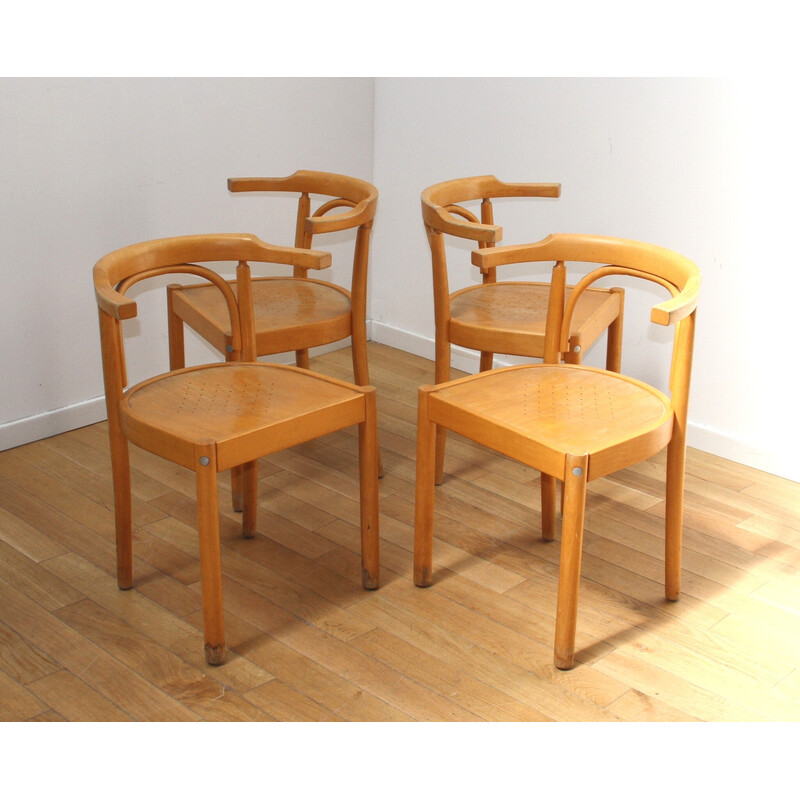 Set of 4 vintage bistro chairs in varnished beech wood
