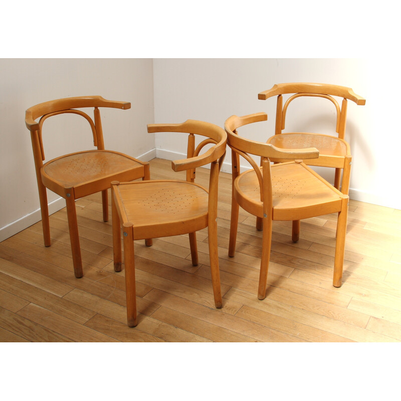 Conjunto de 4 cadeiras de bistrô vintage em madeira de faia envernizada