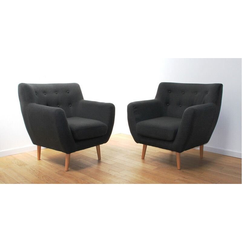Pair of vintage armchairs in light wood and gray fabric