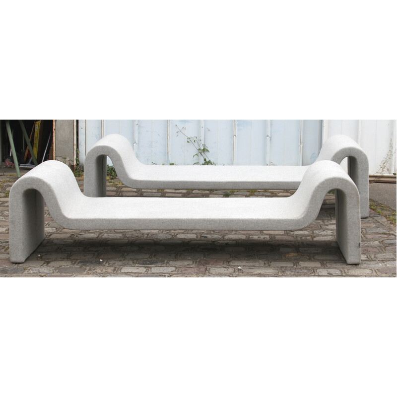 Vintage Longway benches in wood and light gray fabric for Segis