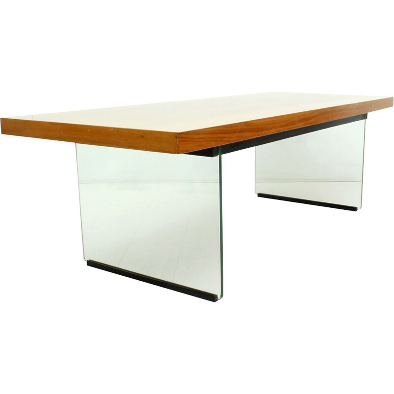 Glass & walnut rectangular coffee table - 1950s