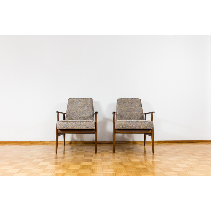Pair of vintage armchairs type 300-190 in solid wood and orange-blue fabric by H. Lis, Poland 1960