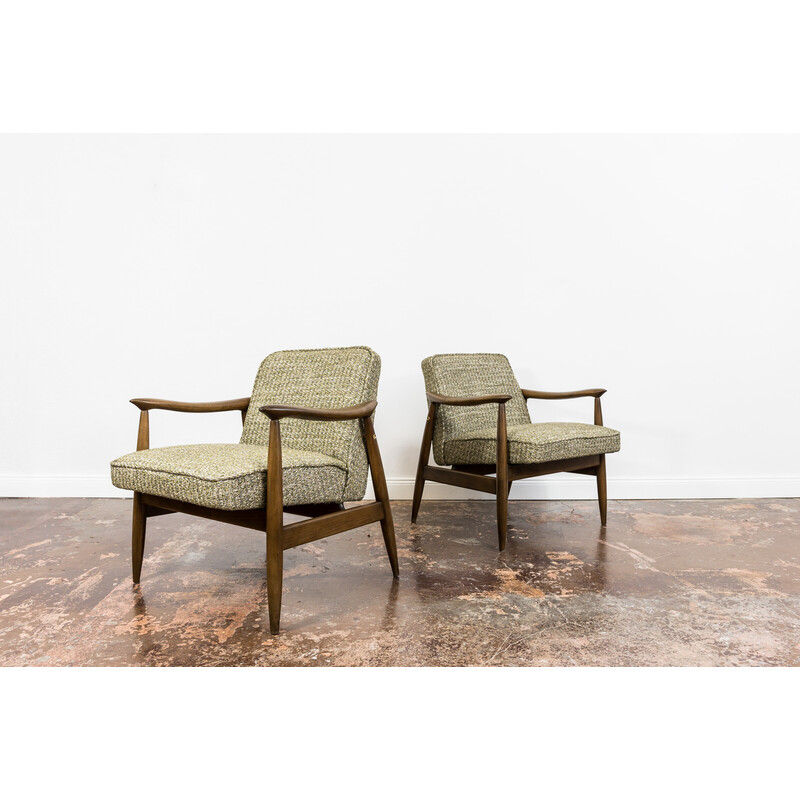 Pair of vintage armchairs in wood and fabric by Juliusz Kędziorek for Furniture Factory, Poland 1960