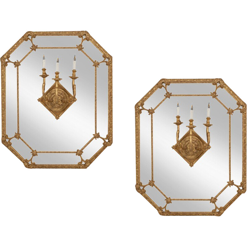 Pair of vintage hexagonal mirrors in gilded wood, France 1880