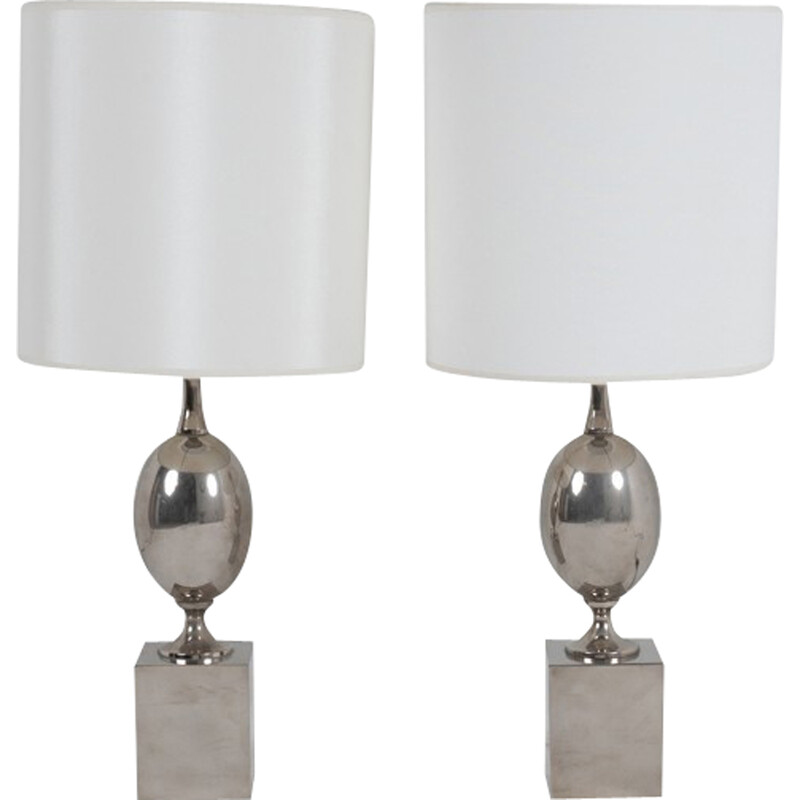 Pair of vintage silver-plated brass lamps by Philippe Barbier, France 1970