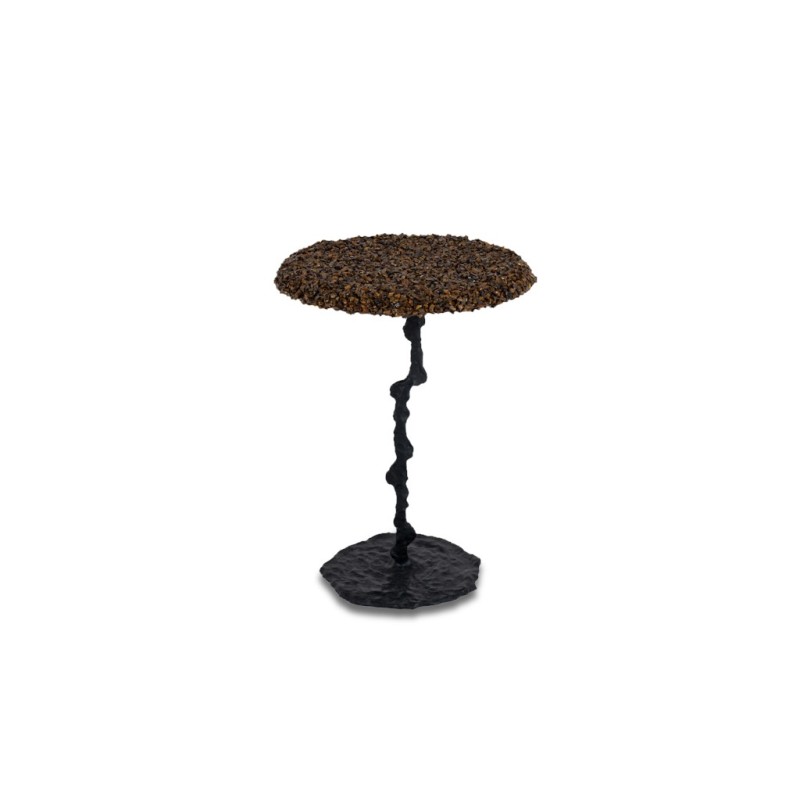 Vintage pedestal table in semi-precious stones and black lacquered metal, France