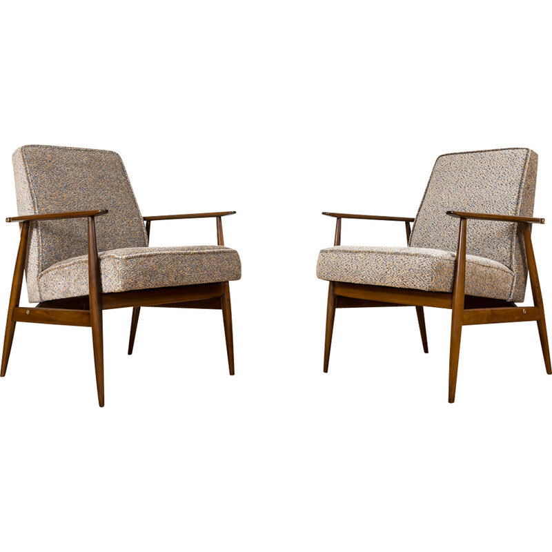 Pair of vintage armchairs type 300-190 in solid wood and orange-blue fabric by H. Lis, Poland 1960