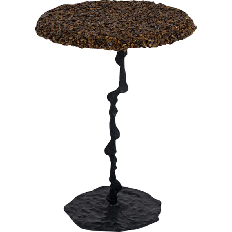 Vintage pedestal table in semi-precious stones and black lacquered metal, France