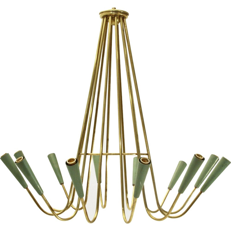 Italian brass and aluminium chandelier with twelve lights - 1950s