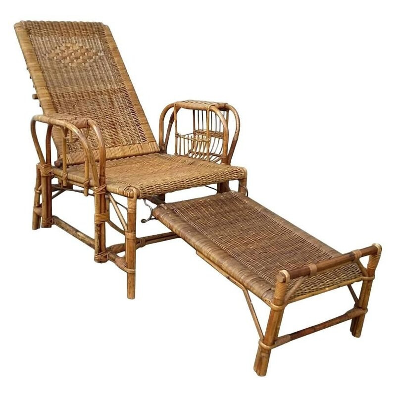 Mid-Century wicker deck chair with ottoman - 1940s