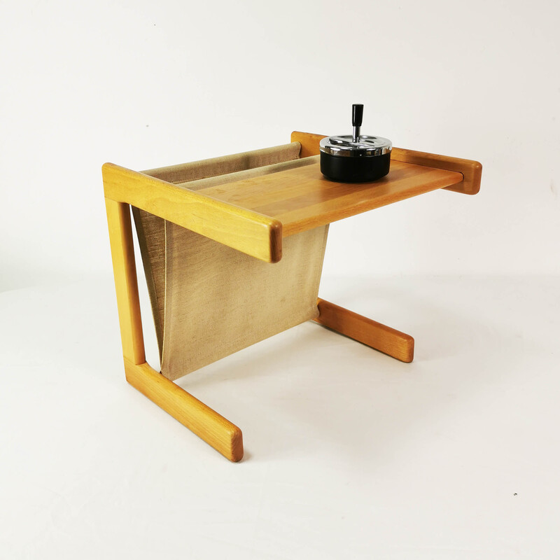 Vintage table with newspaper rack in beech wood and natural linen, Denmark 1970