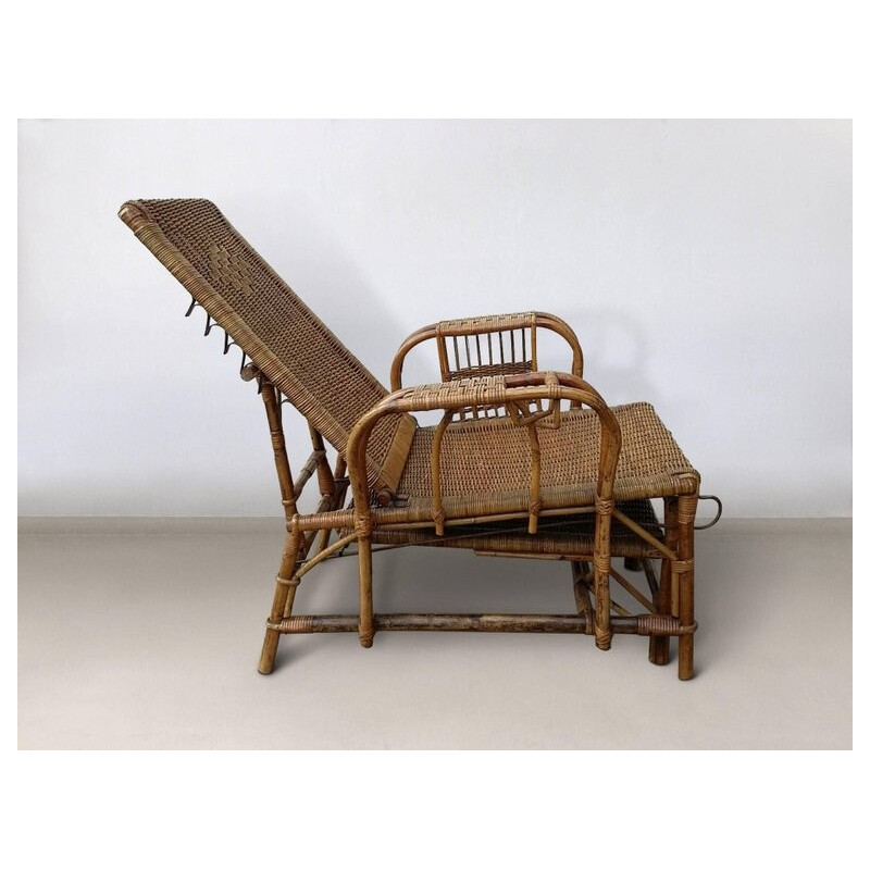 Mid-Century wicker deck chair with ottoman - 1940s