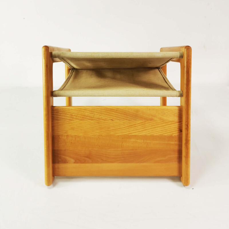 Vintage table with newspaper rack in beech wood and natural linen, Denmark 1970