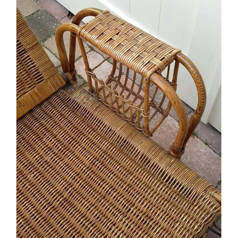 Mid-Century wicker deck chair with ottoman - 1940s