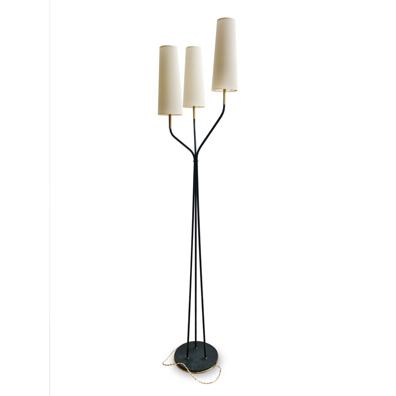 Vintage tripod floor lamp in metal and brass for Lunel, 1955