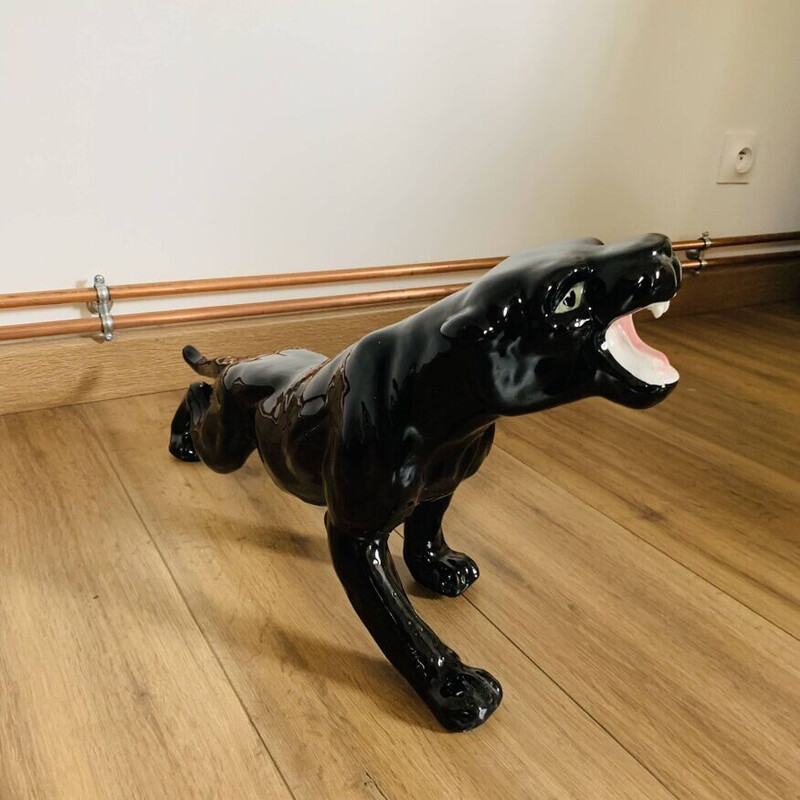 Vintage black ceramic panther with green eyes from Monaco