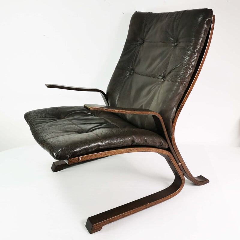Vintage armchair in leather and beech wood, Norway 1970