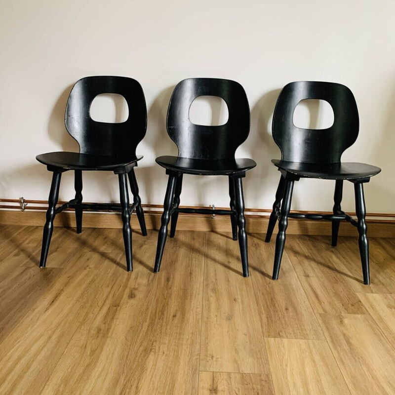 Set of 3 vintage eye chairs in thermoformed solid beech by Baumann