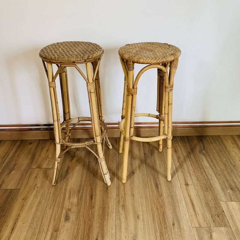 Pair of vintage rattan and wicker stools