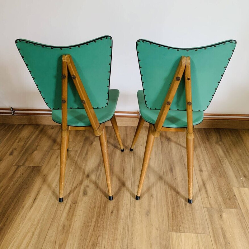 Par de cadeiras vintage em madeira clara e skai verde, 1950