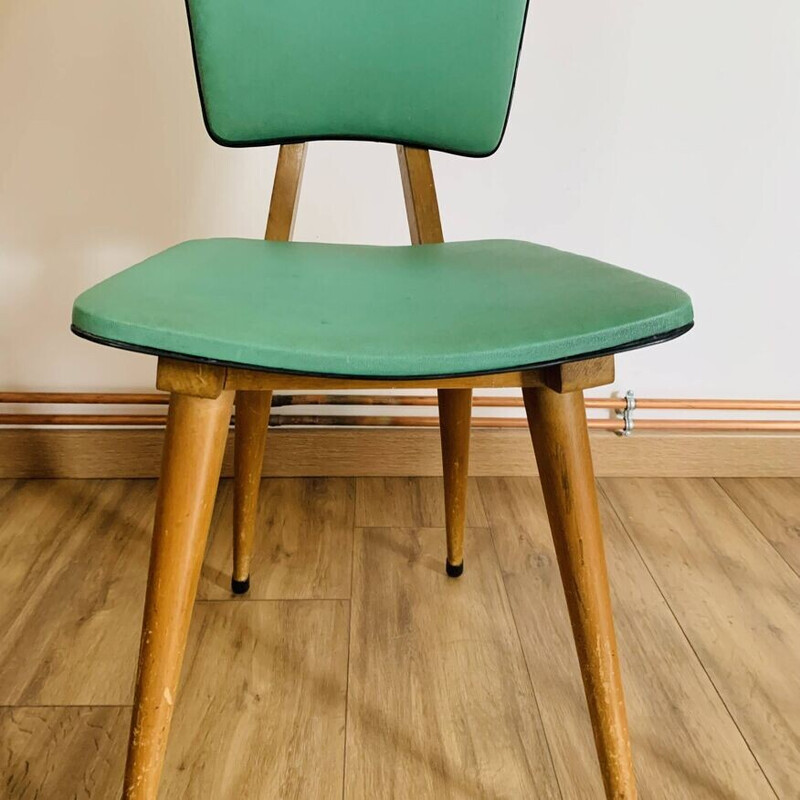 Par de cadeiras vintage em madeira clara e skai verde, 1950